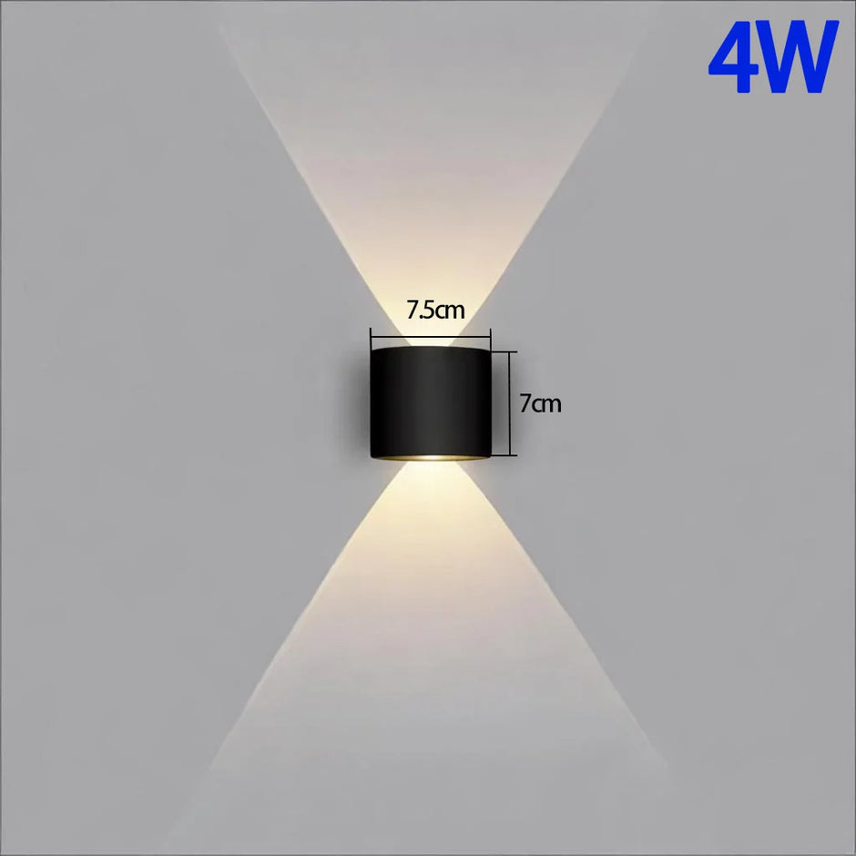 Black wall-mounted light fixture with dimensions and power rating on a gray background
