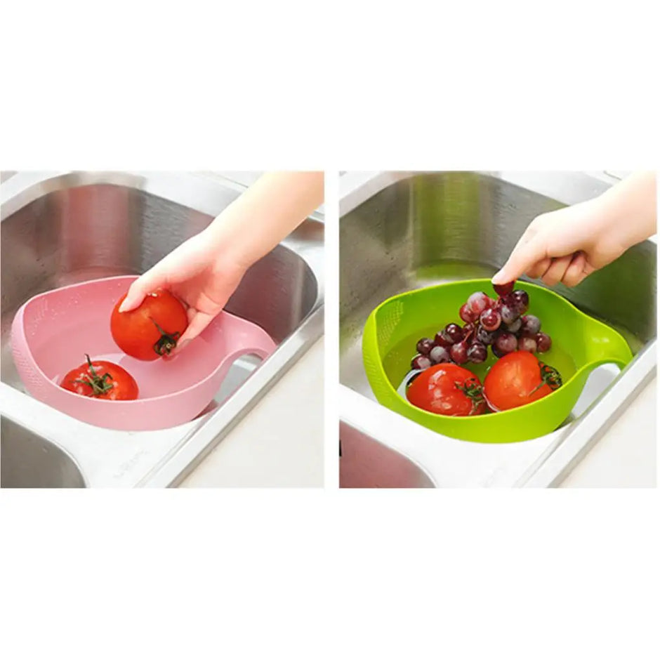 Two images showing pink and green colanders with vegetables in a sink.
