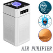Air purifier with images of pollutants and 'AIR PURIFIER' text on a white background