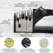 Knife sharpener with labeled positions and features on a marble background