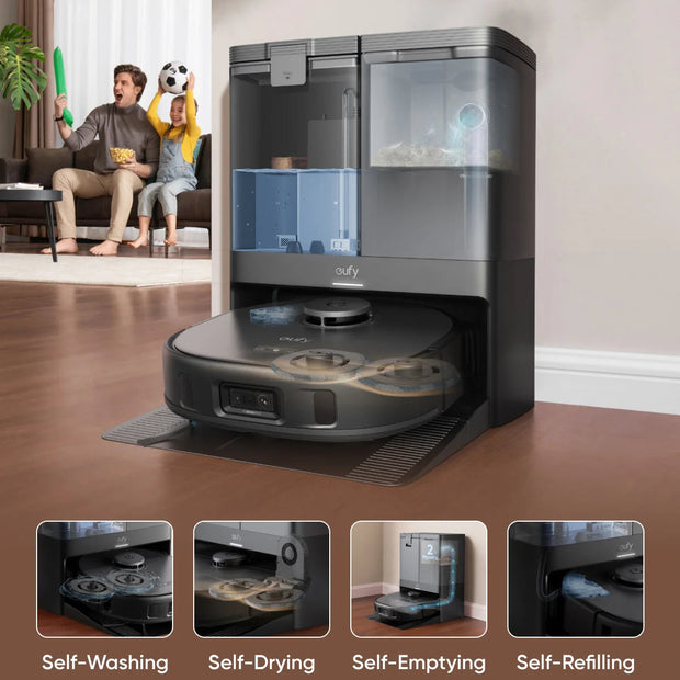 All-in-one cleaning station with self-washing, drying, emptying, and refilling features in a living room setting.