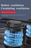 Shock absorber ball with blue interior and black exterior on a dark background, featuring text about hollow ventilation and shock absorption.