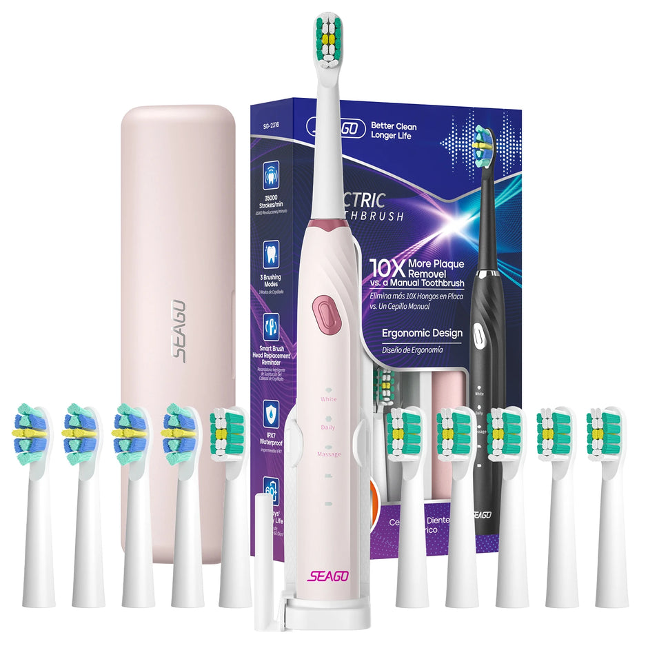 Electric toothbrush set with multiple brush heads and packaging on a white background