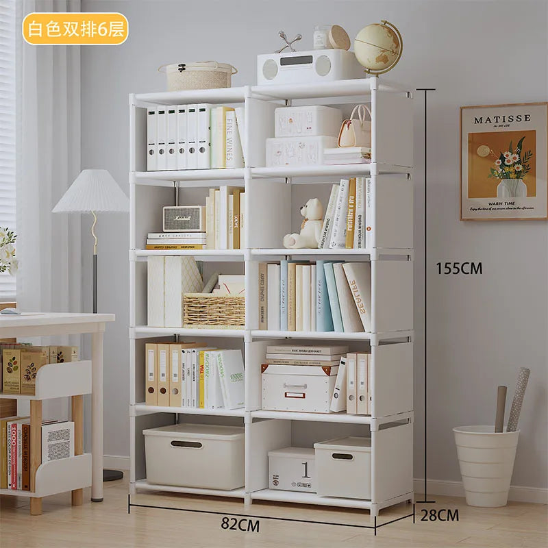 White bookshelf with books and decor items in a room setting, with dimensions displayed.