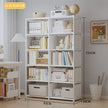 White bookshelf with books and decor items in a room setting, with dimensions displayed.