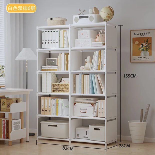 White bookshelf with books and decor items in a room setting, with dimensions displayed.