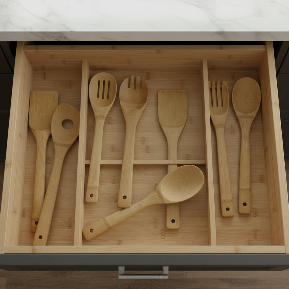Set of wooden kitchen utensils including spatulas and a fork on a white background