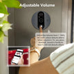 Smart doorbell with adjustable volume feature, shown on a door and with a smartphone app interface.