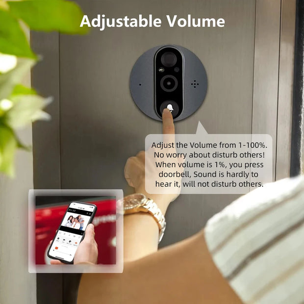 Smart doorbell with adjustable volume feature, shown on a door and with a smartphone app interface.