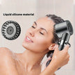 Woman using a hair dryer with a close-up of the nozzle labeled 'Liquid silicone material'.