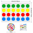 Colorful dot stickers with measurement details on a white background