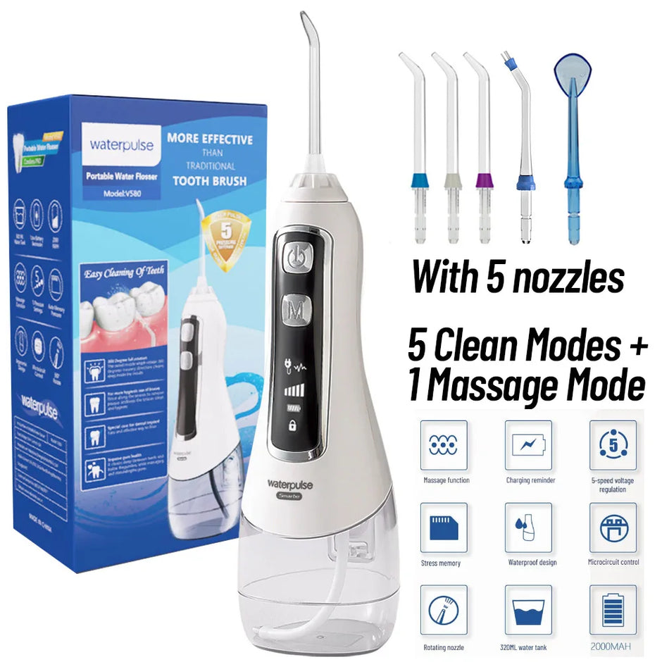 Waterpik dental water flosser with packaging, nozzles, and features displayed on a white background.