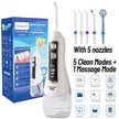 Waterpik dental water flosser with packaging, nozzles, and features displayed on a white background.