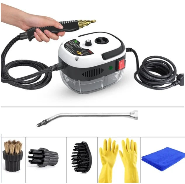 Pressure washer with attachments and cleaning tools on a white background