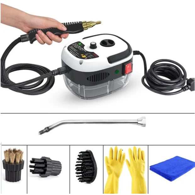 Pressure washer with attachments and cleaning tools on a white background