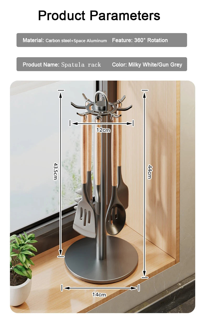 Spatula rack with dimensions and product details on a neutral background
