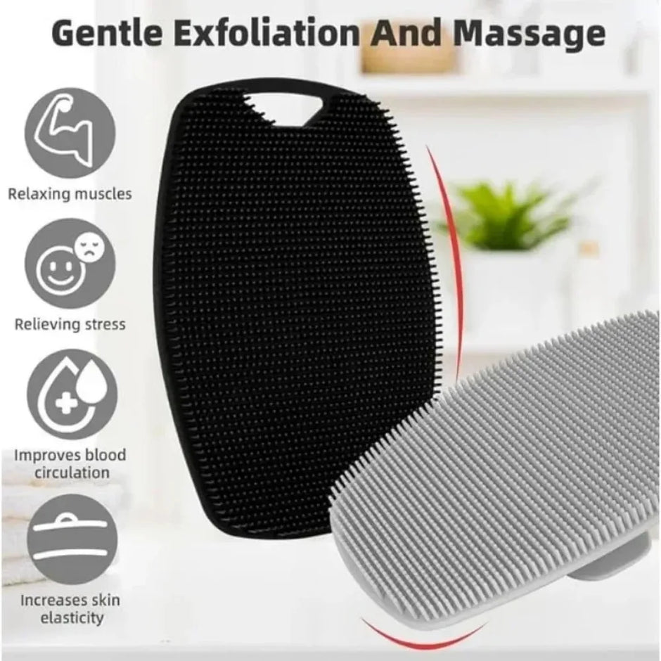Black and gray exfoliating brush with text on a white background