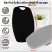 Black and gray exfoliating brush with text on a white background