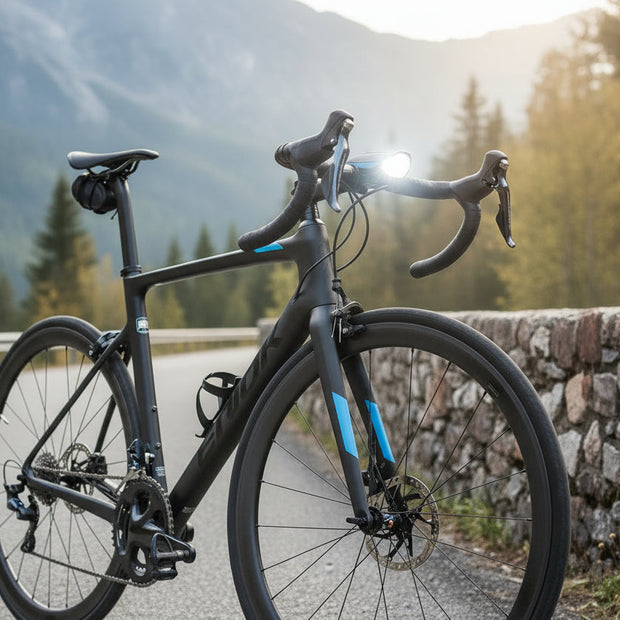 Bicycle headlights with USB charging, IPX6 water resistance, high lumen, high decibel, and high endurance features on a gray background.