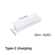 Rectangular white LED light with dimensions and charging information on a white background
