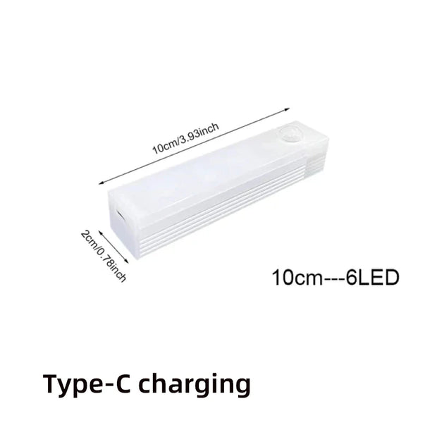 Rectangular white LED light with dimensions and charging information on a white background