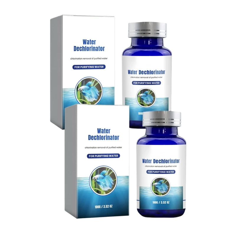 Water dechlorinator bottles and packaging on a white background