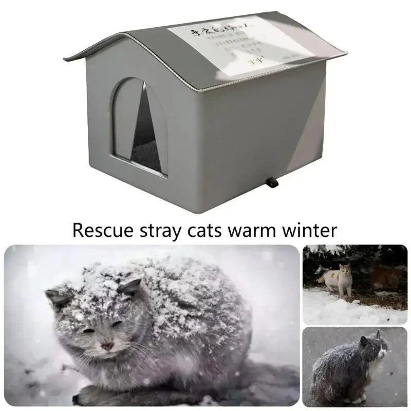 Cat house with text 'Rescue stray cats warm winter' and images of cats in snow.