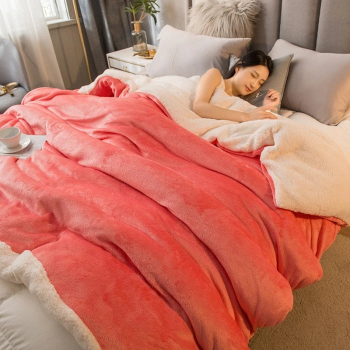 Woman lying in bed under a pink blanket with a cozy bedroom setting.