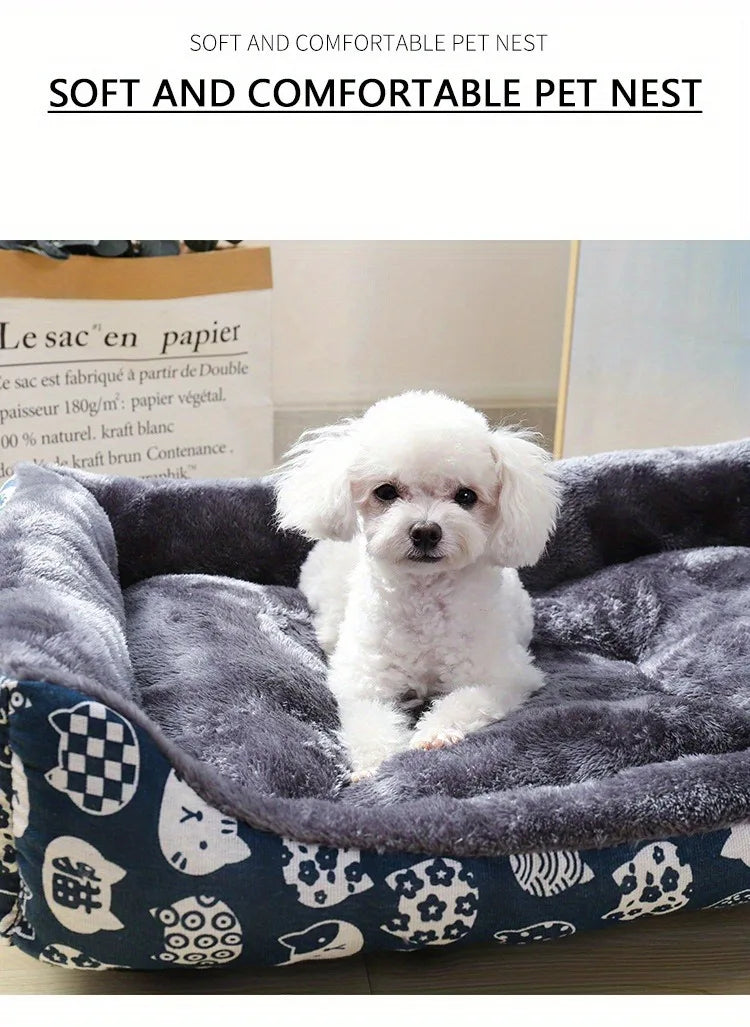 White dog sitting in a soft pet bed with text 'Soft and Comfortable Pet Nest'.