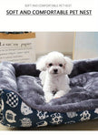 White dog sitting in a soft pet bed with text 'Soft and Comfortable Pet Nest'.