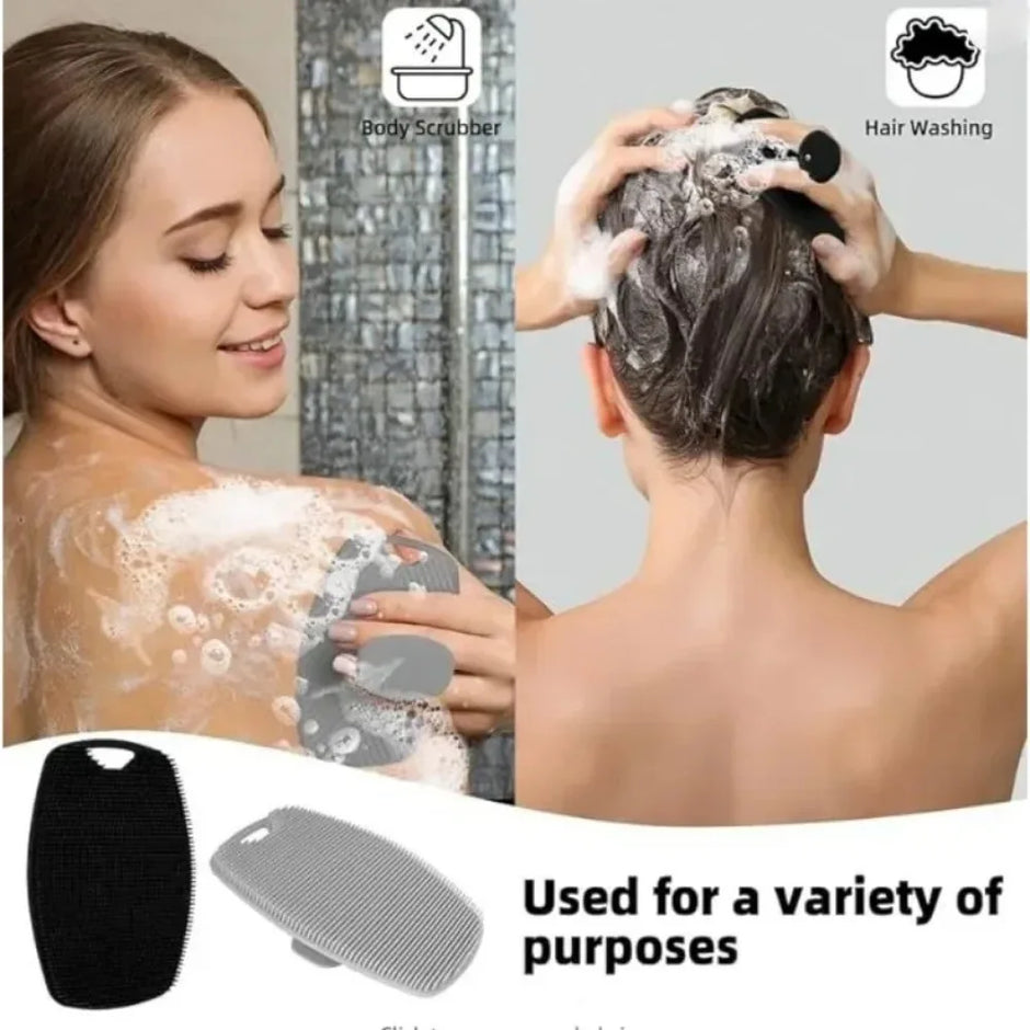 Two people using a body scrubber on themselves with text indicating its use for body scrubbing and hair washing.