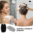 Two people using a body scrubber on themselves with text indicating its use for body scrubbing and hair washing.