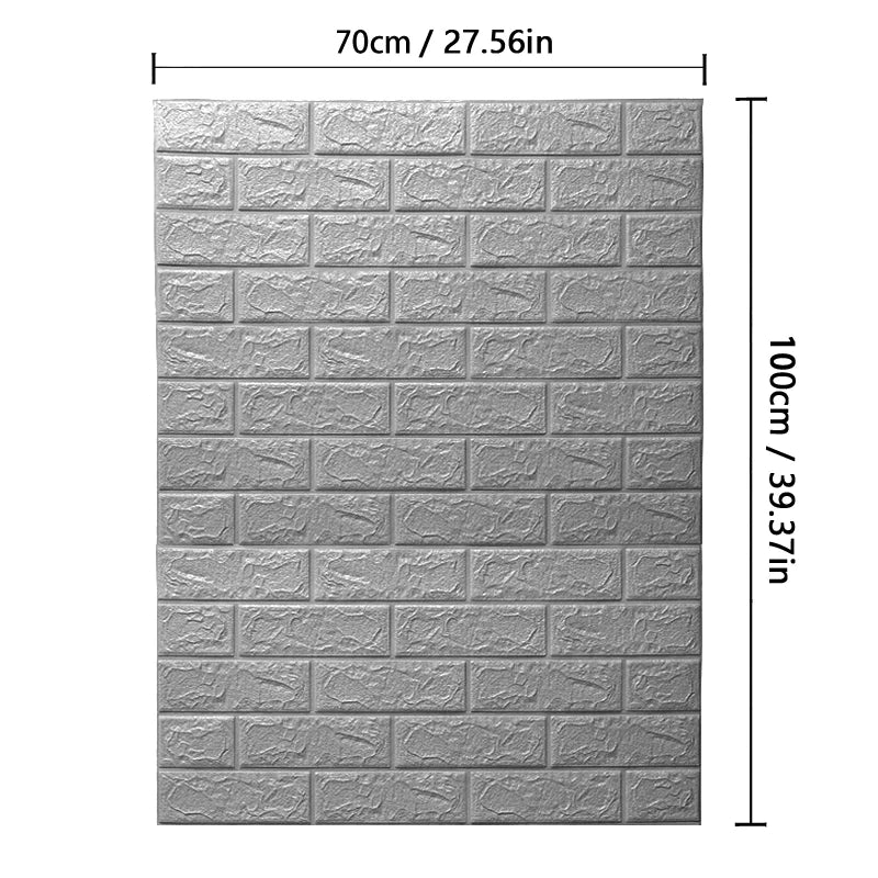 Gray brick-patterned wall panel with dimensions on a white background