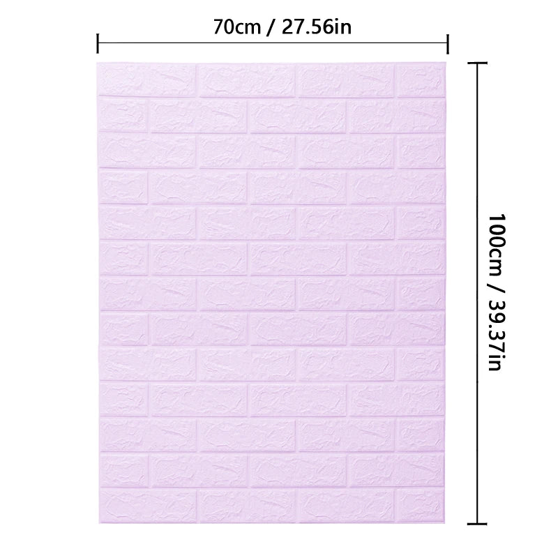 Purple brick-patterned wall sticker with dimensions on a white background