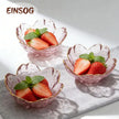 Three glass bowls with strawberries and mint leaves on a marble surface, branded 'EINSOG'.