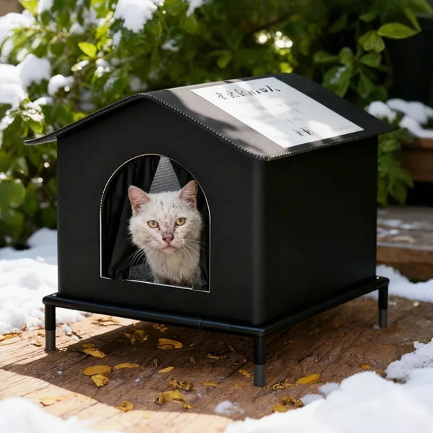 Black cat house with a cat peeking out, set against a snowy outdoor background.