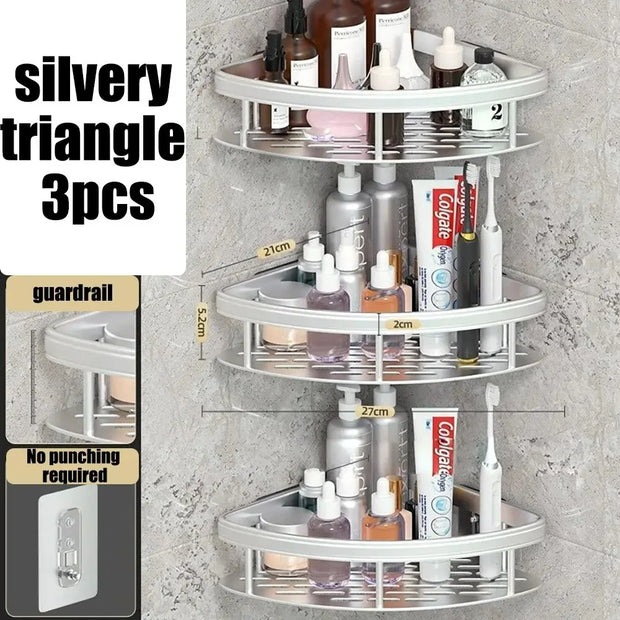 Corner shelf with three tiers holding various toiletries against a concrete wall.
