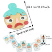 Colorful face-shaped cookie with measurement details on a white background