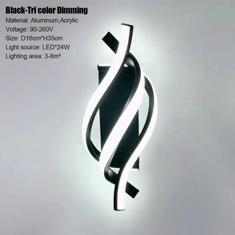 مصباح جداري LED حلزوني منحني – تصميم 3 خطوط، ثلاثي الألوان، أسود وأبيض