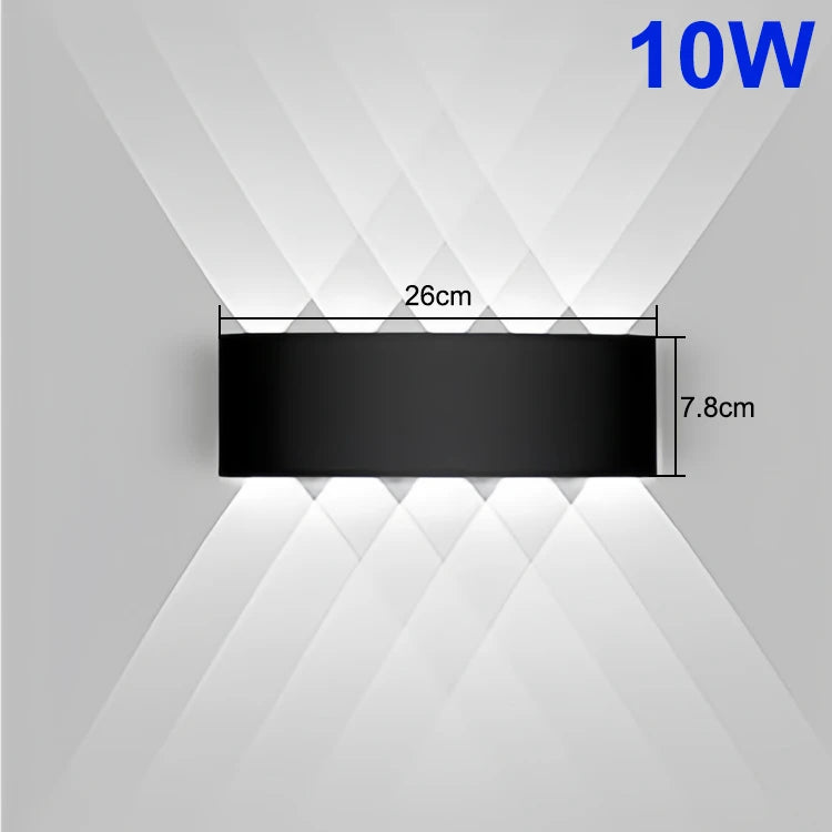 Black LED light fixture with dimensions and power rating on a gray background