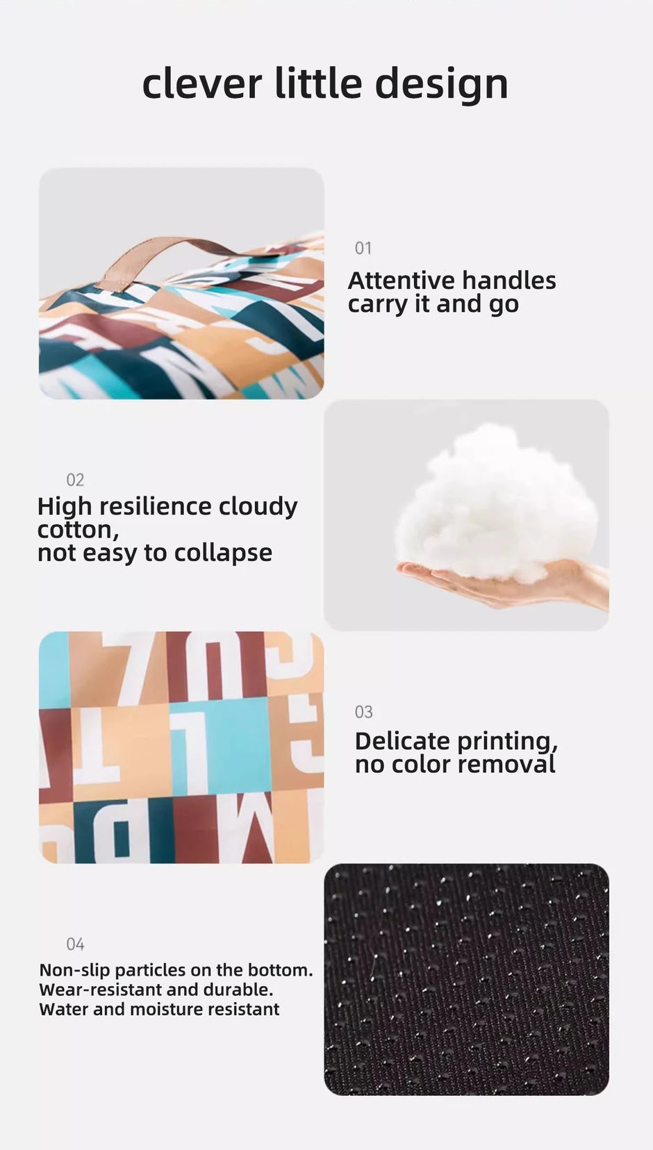 Product features with images and text on a white background