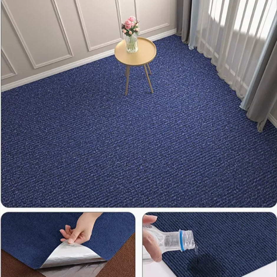 Blue carpet with a small table and flowers, followed by close-ups of hands using a cleaning product on the carpet.