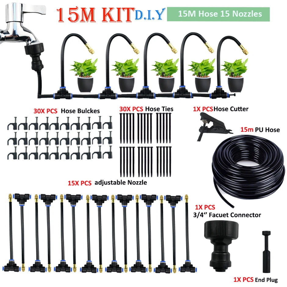 Diy garden irrigation kit with hose, nozzles, and connectors on a white background