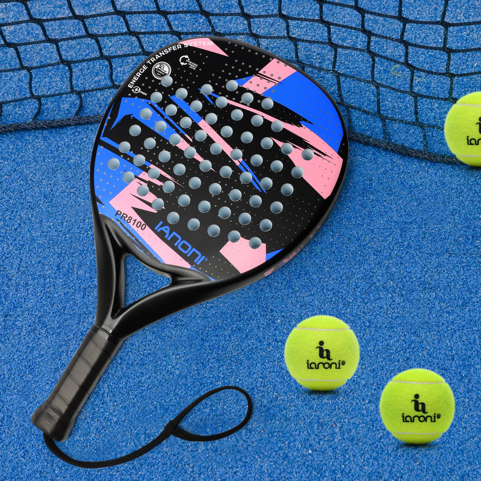 Paddle and balls on a blue surface with a racket string