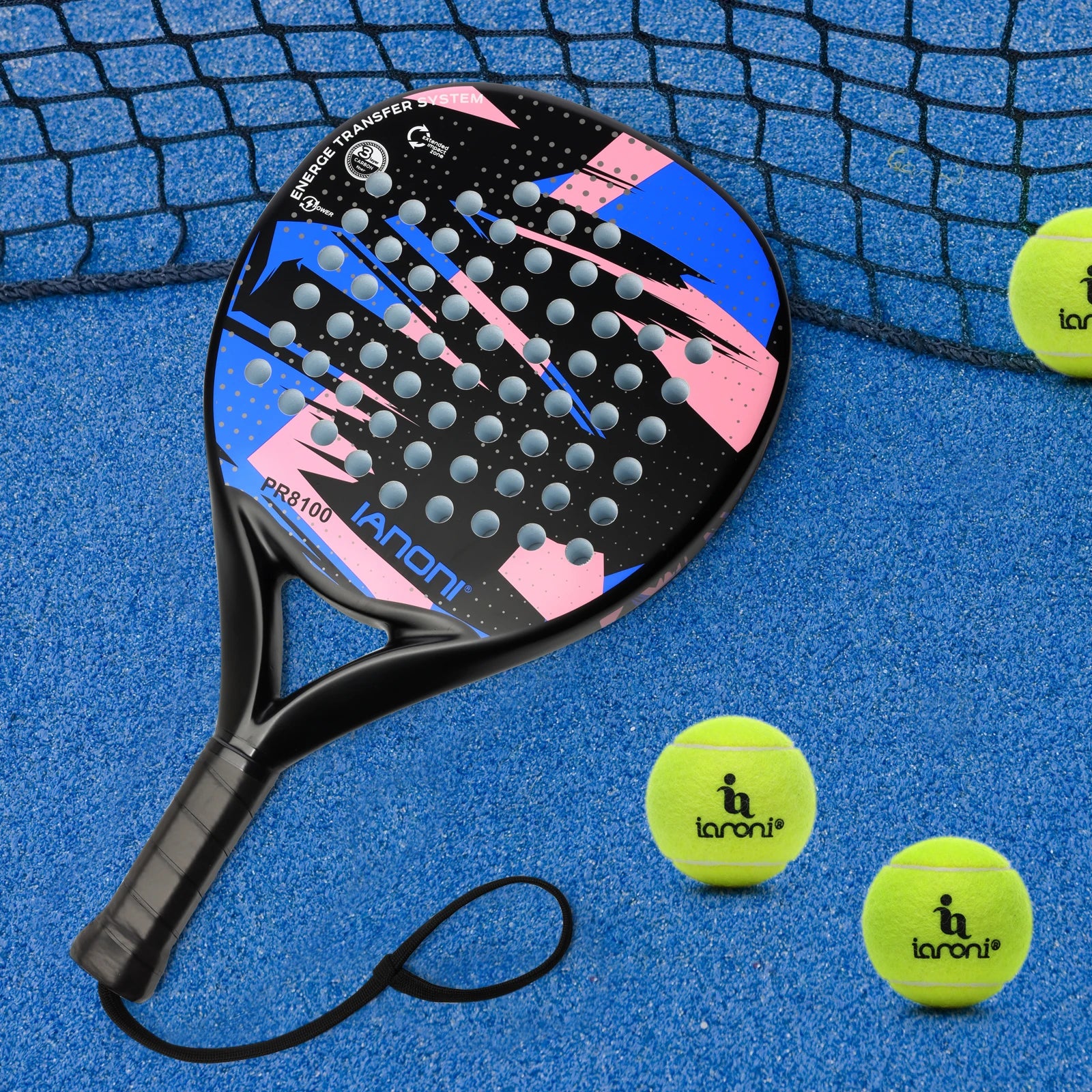 Paddle and balls on a blue surface with a racket string