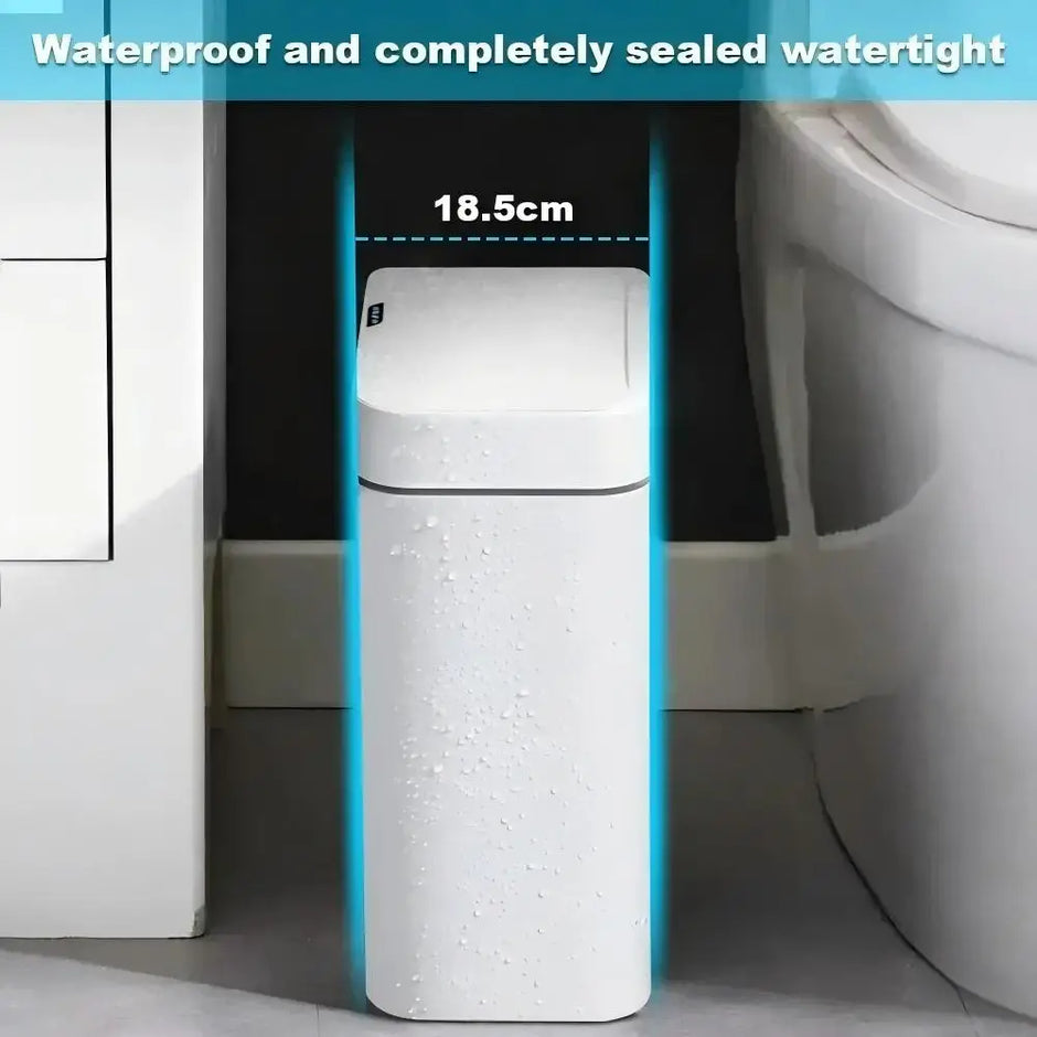 White trash bin next to a toilet with text indicating waterproof and watertight features.