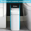 White trash bin next to a toilet with text indicating waterproof and watertight features.