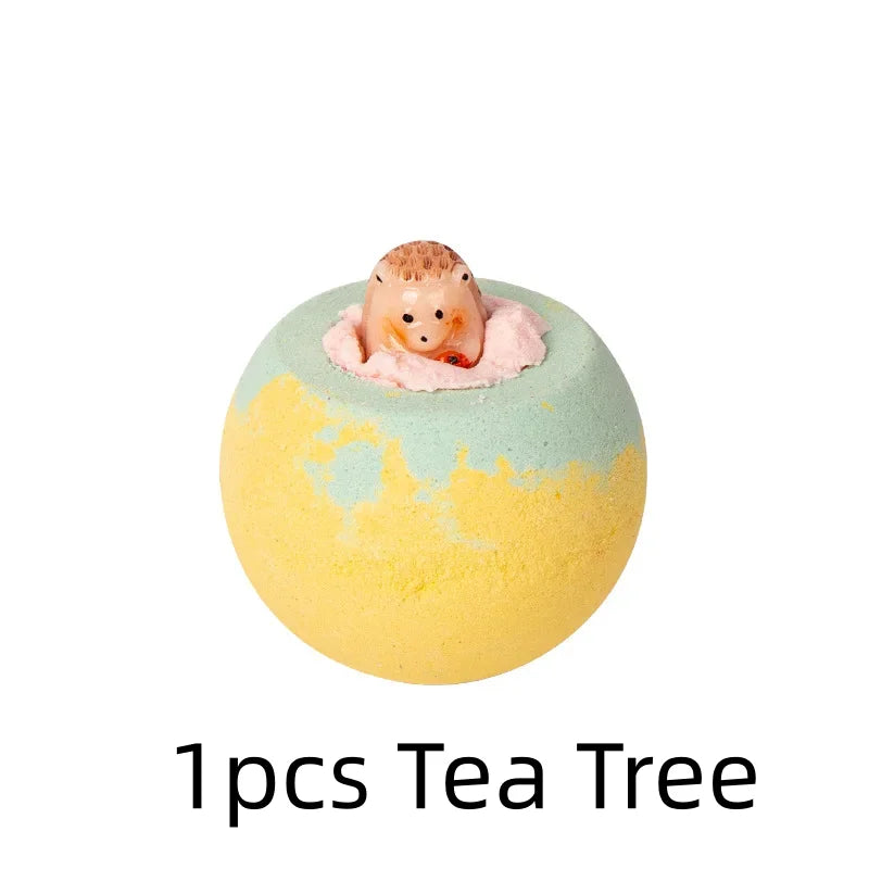 Bath bomb with a hedgehog figure on top labeled '1pcs Tea Tree' on a white background