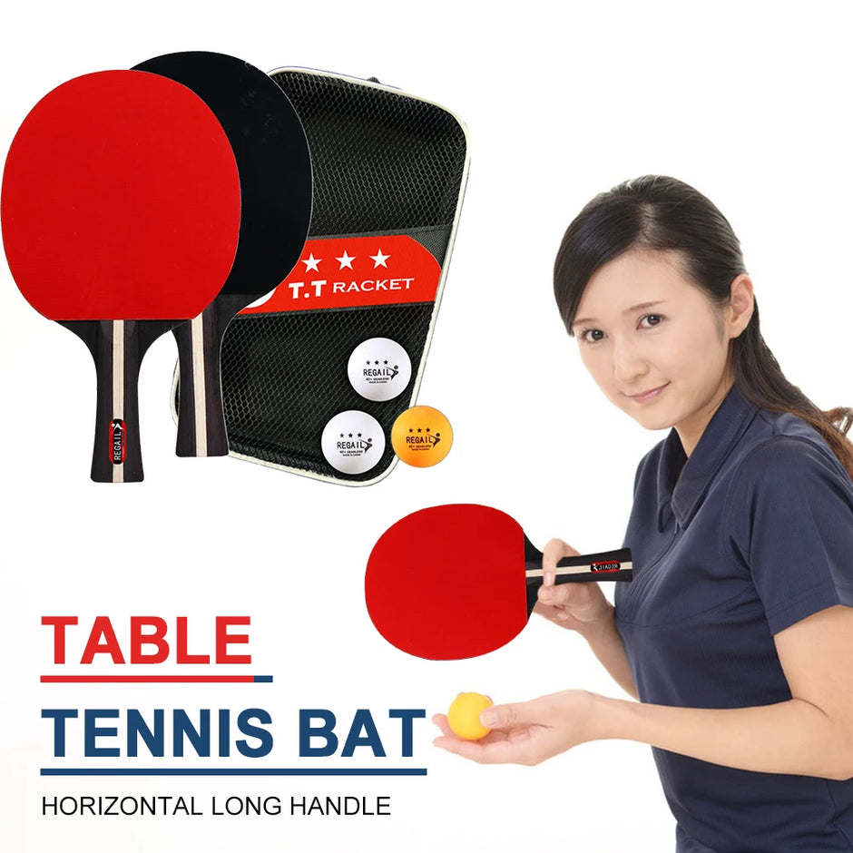Table tennis bat with red and black design, a case, and balls on a white background.