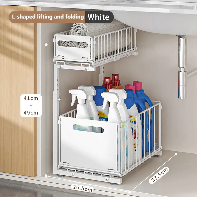 White L-shaped lifting and folding cabinet organizer with cleaning supplies inside, showing dimensions.